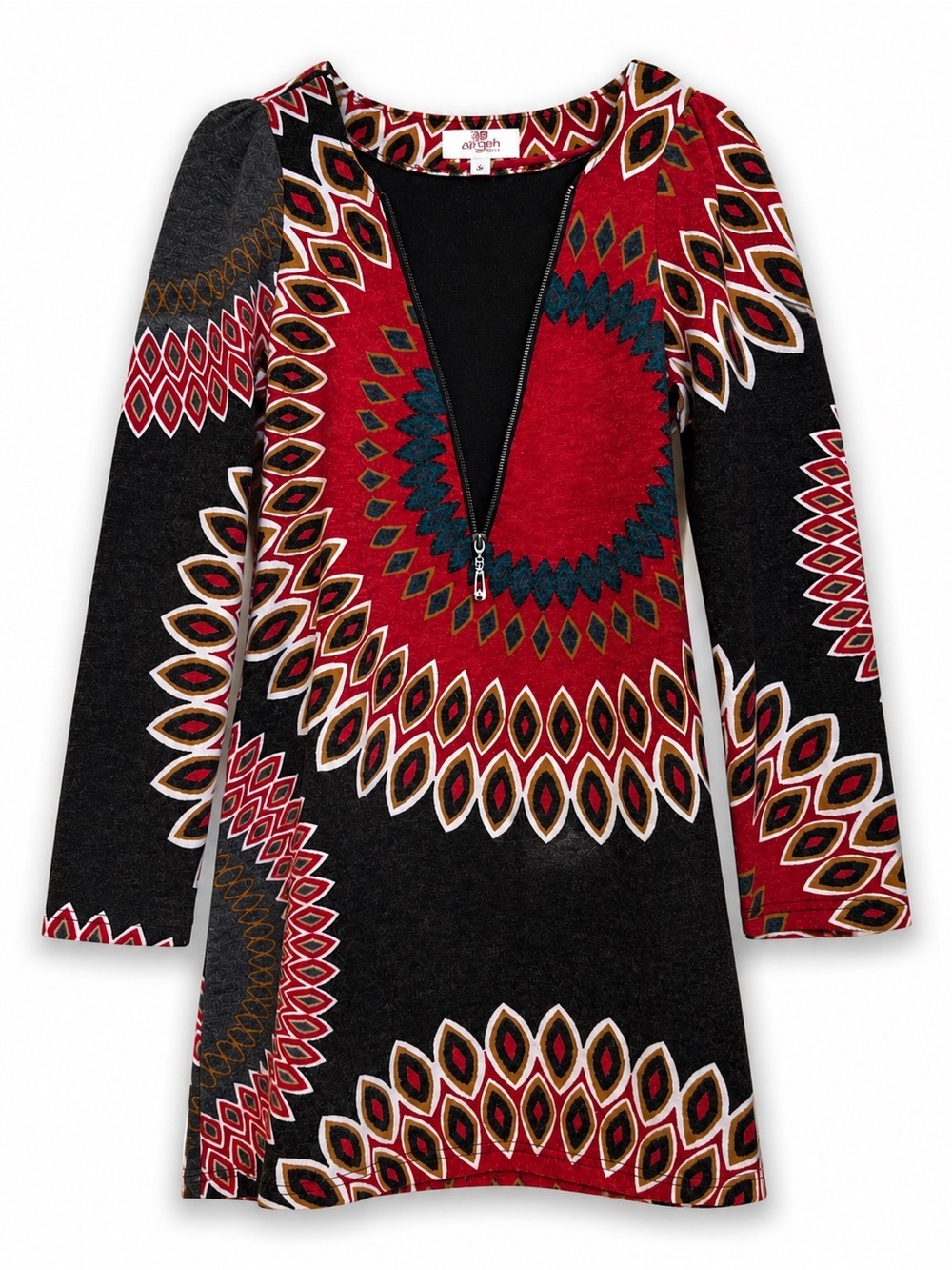 Aryeh | Red Black Teal Boho Chic Statement Knit Stretch 1/4 Zip Tunic Dress Med